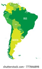 Political map of South America. Simple flat vector map with country name labels in four shades of green.