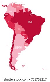 Political map of South America. Simple flat vector map with country name labels in four shades of maroon.