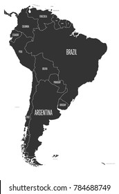 Political map of South America. Simple flat vector map with country name labels in grey.