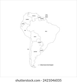 Political map of South America. Thin black outline map with country name labels on white background. Ortographic projection. Vector illustration