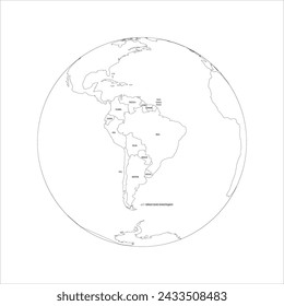 Political map of South America. Thin black outline map with country name labels on white background. Ortographic projection. Vector illustration