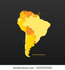 Political map of South America. Yellow colored land with country name labels on dark gray background. Ortographic projection. Vector illustration