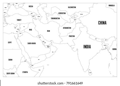 Political map of South Asia and Middle East countries. Simple flat vector outline map with country name labels.