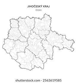 Political Map of the South Bohemian Region (Jihočeský kraj) with Districts (Okres), AD MEC (SO ORP), AD CLA (SO POU) and Municipalities (Obcí) as of 2024 - Czechia Czech Republic (Česko) - Vector Map