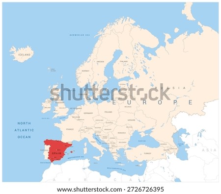 Political Map of Spain marked in red on the Political Map of Europe. Vector illustration isolated, eps