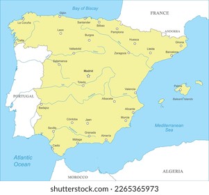 Political map of Spain with national borders, cities and rivers