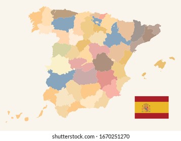 Political Map of Spain Old Colors. All elements are separated in editable layers clearly labeled. Vector illustration.