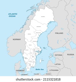 Politische Karte Schwedens mit Grenzen zu Regionen und Ländern