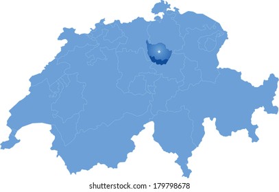 Political map of Switzerland with all cantons where Zug is pulled out