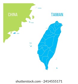 Political map of Taiwan and part of China. Blue country map divided to administrative divisions. Blank vector map.