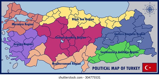 Political Map of Turkey with Flag