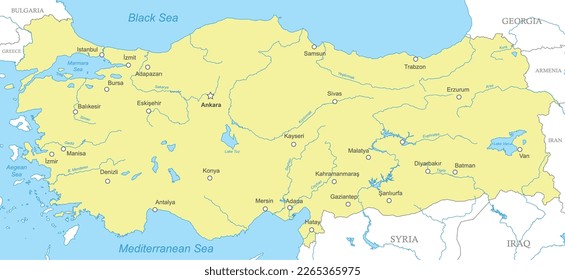 Political map of Turkey with national borders, cities and rivers