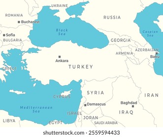 Political map of Turkey and Syria, highlighting the surrounding neighboring countries