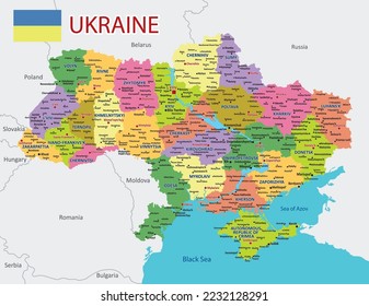 Mapa político de Ucrania con fronteras de las regiones. Mapa administrativo detallado de Ucrania con ciudades y regiones.Ilustración vectorial