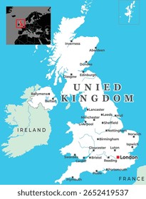 Mapa político do Reino Unido e da Irlanda exibindo as principais cidades, contornos territoriais e sua localização na Europa