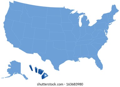 Political map of United States with all states where Havai is pulled out