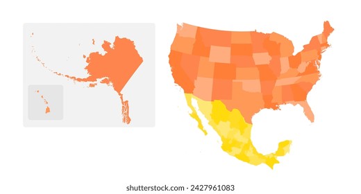 Political map of United States and Mexico with administrative divisions. Colorful map with countries and states name labels. Vector illustration