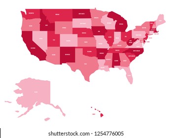 Political map of United States od America, USA. Simple flat vector map in four shades of pink with white state name labels on white background.