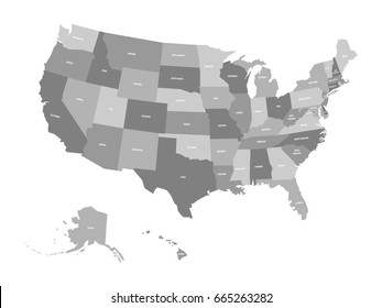 Political map of United States od America, USA. Simple flat vector map in four shades of grey with white state name labels on white background.