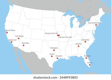 Political map of United States with soccer tournament 2024 host cities