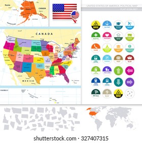 Political map of the USA with it's states and Flat Icon Set. Large Vector Image Set.