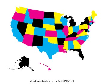 Political map of USA, United States of America, in CMYK colors isolated on white background. Vector illustration.