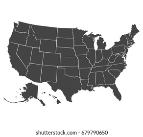 Political map of USA, United States of America, in black color on white background. Vector illustration.