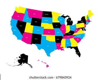 Political map of USA, United States of America, in CMYK colors with white state name labels on white background. Vector illustration.