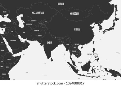 Political map of western, southern and eastern Asia in grey. Modern style simple flat vector illustration.