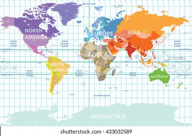 political map of the world with all continents separated by color, labeled countries and oceans, and with enumerated longitudes and latitudes on background