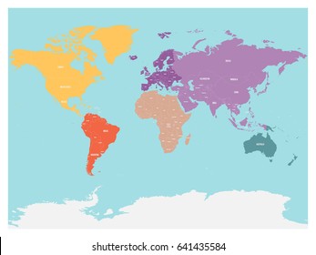 Political map of world with Antarctica. Continents in different colors on blue background. Black labels with states and significant dependent territories names. High detail vector illustration.