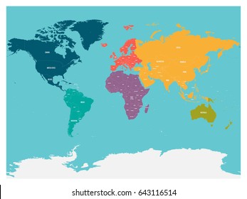 Political map of world with Antarctica. Continents in different colors on blue background. White labels with states and significant dependent territories names. High detail vector illustration.