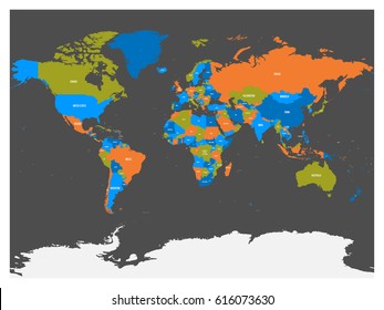 Political map of world with Antarctica. Countries in four different colors without borders on dark grey background. White labels with states and significant dependent territories names. High detail