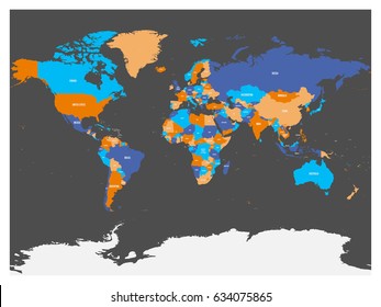 Political map of world with Antarctica. Countries in four different colors without borders on dark grey background. White labels with states and significant dependent territories names. High detail