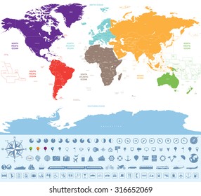 political map of the world colored by continents with icons of location, time zone clocks, transport and other travel stuff signs