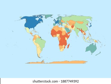 Political Map Of The World. Countries Are Painted From Orange(least Developed) To Green-blue(most Developed). Vector Map Suitable For Digital Editing And Prints Of All Sizes. Equal Earth Projection.