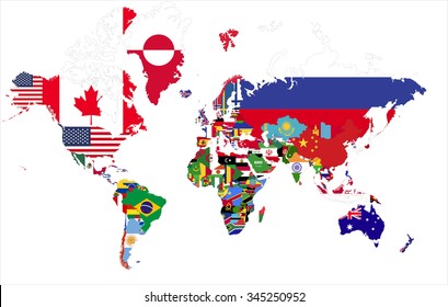Political map of the world with country flags.