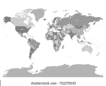 Political map of World with country names and capital cities. Grey vector map.