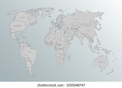 Political map of the world. Gray world map of countries on a gray background. Flat design. Cute linear design element. Simple illustrated illustration for printing, web
