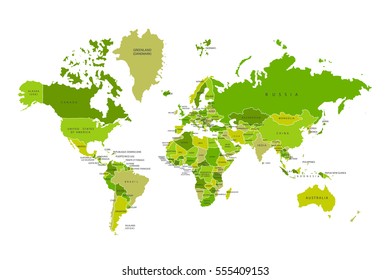Political map of the world. Green world map on white background. Vector illustration.