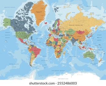 Political map of the World in Mercator projection. Highly detailed, editable with clearly labeled, separated layers. Vector illustration.