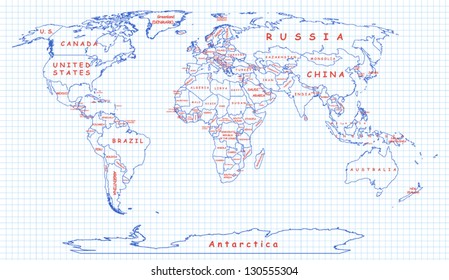The political map of the world painted on a piece of school notebook. National boundaries drawn with blue pen, country names are written with red one