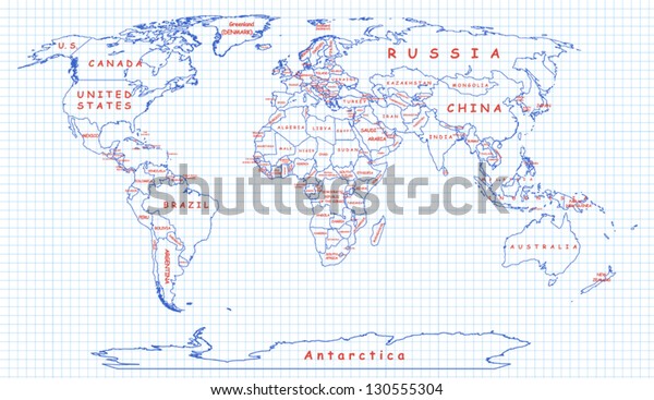 The political map of the world painted on a school wall. National boundaries drawn with blue pen, country names are written with red one, wallpaper, mural design.