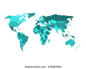 Political map of World in shades of turquoise blue. Isolated on white background. Vector illustration.