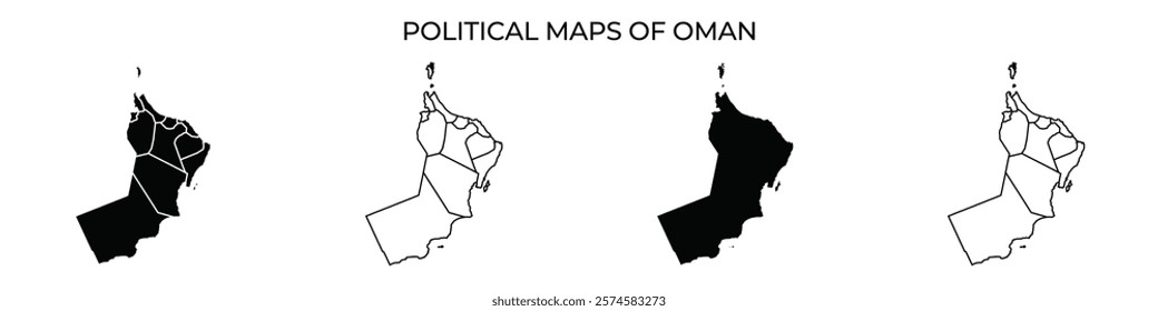 Political maps illustrate the different administrative regions and boundaries of Oman. Each map highlights various geographical areas in distinct patterns.