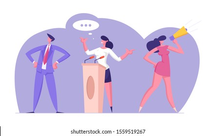 Political Meeting with Candidate in Speech. Pre-election Campaign, Voting with Characters, Man and Woman Voters with Megaphone Promotion and Advertising of Candidate. Cartoon Flat Vector Illustration