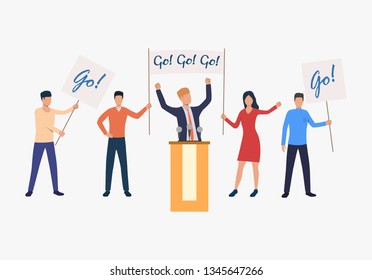 Political meeting illustration. Leader standing at microphone, team supporting him. Politics concept. Vector illustration can be used for topics like competition, achievement, success