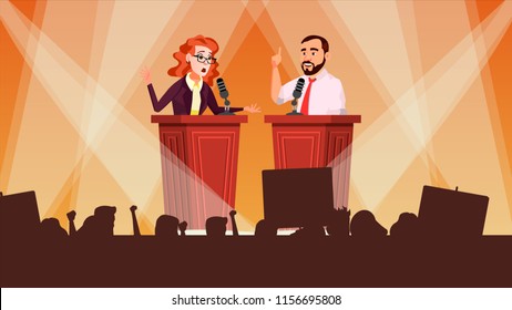 Political Meeting Vector. Political Campaign. Tribune. Speaker Training. Persuades To Vote. Advertising Of Candidate. Flat Cartoon Illustration
