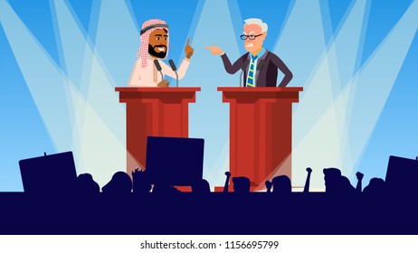 Political Meeting Vector. Discussing Problems. International Conference. Tribune. Big Audience. Pre-election Campaign. Flat Cartoon Illustration