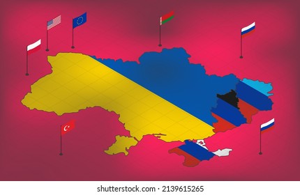 Political negotiations between countries about peace in Ukraine. Recognition of the Lugansk and Donetsk republics by Russia. Civil war and crisis. military operation. Isometric vector 